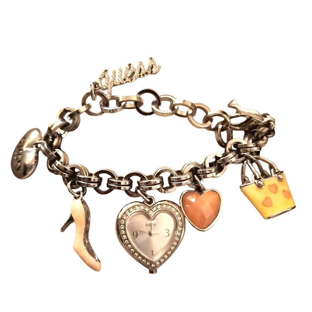 GUESS Silver Tone Heart Charm Bracelet Watch Rhinestone Y2K Handbag Shoe Charms